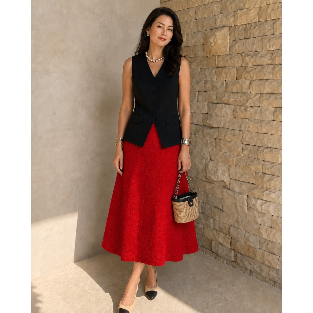 Misook Red Textured Knit‎ A-Line Midi Skirt Elastic Waist Size L Cocktail New